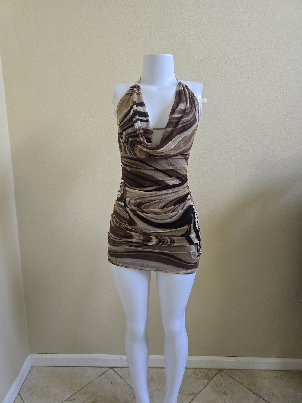 Halter Cowl Mini Dress in Brown Swirl